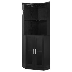 Corner Wine Cabinet, Bar Cabinet with Ample Storage, Modern Buffet Sideboard with Glass Holder, Adjustable LED Brightness, Anti-Tip Strap