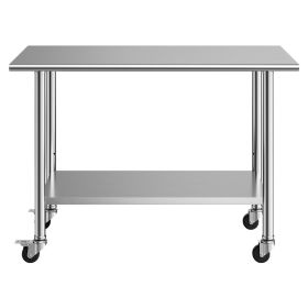Stainless Steel Work Table, 24x48 inch Food Prep Table with Wheels, Commercial Kitchen Workstation with Adjustable Undershelf, Metal Utility Worktable